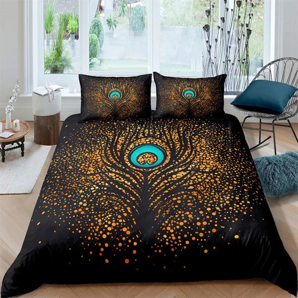 Dark Blue Peacock Feather Duvet Cover Feather Elegant Theme Chic Floral Quilt Cover for Women Teen Boys Girls Bedroom Decoration