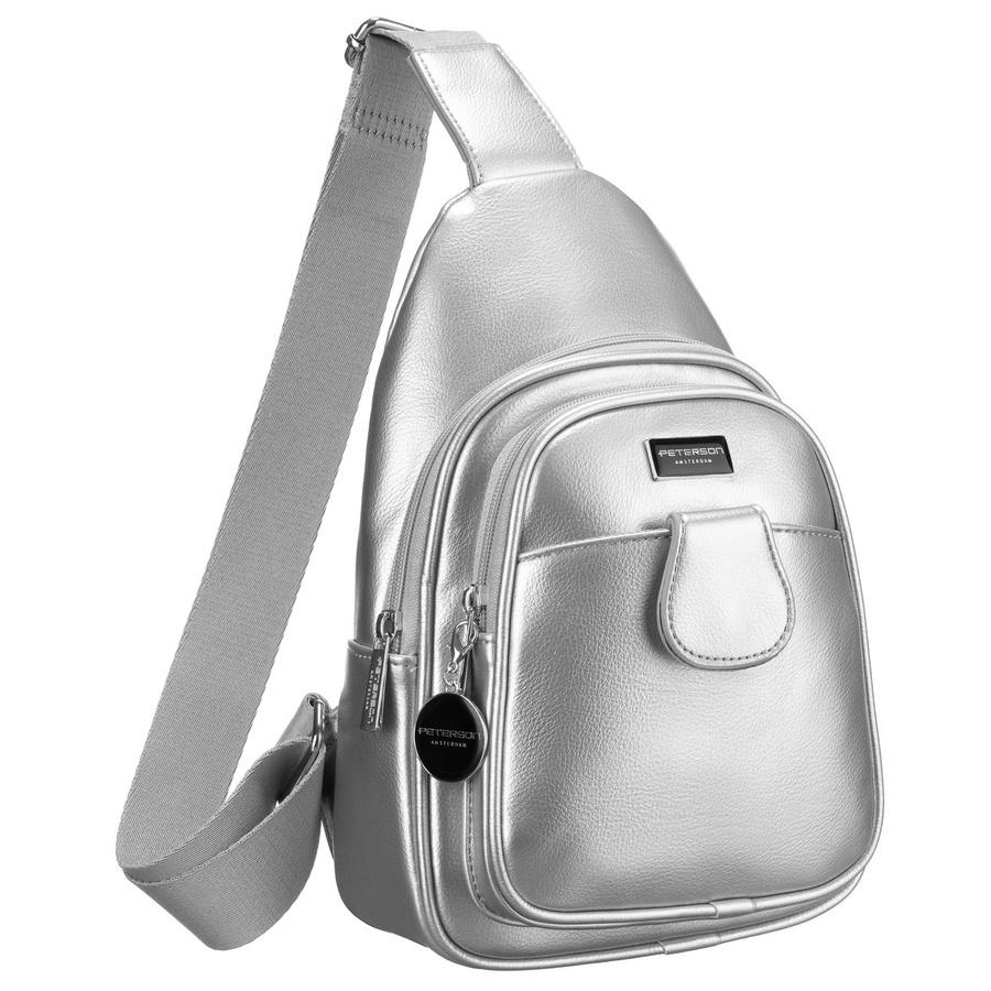 Modna srebrna saszetka damska z eko skóry nerka na ramię crossbody Peterson