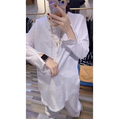 Плюс размер осень манжеты разрез нижняя рубашка женская свободная круглый вырез длинный рукав пуловер