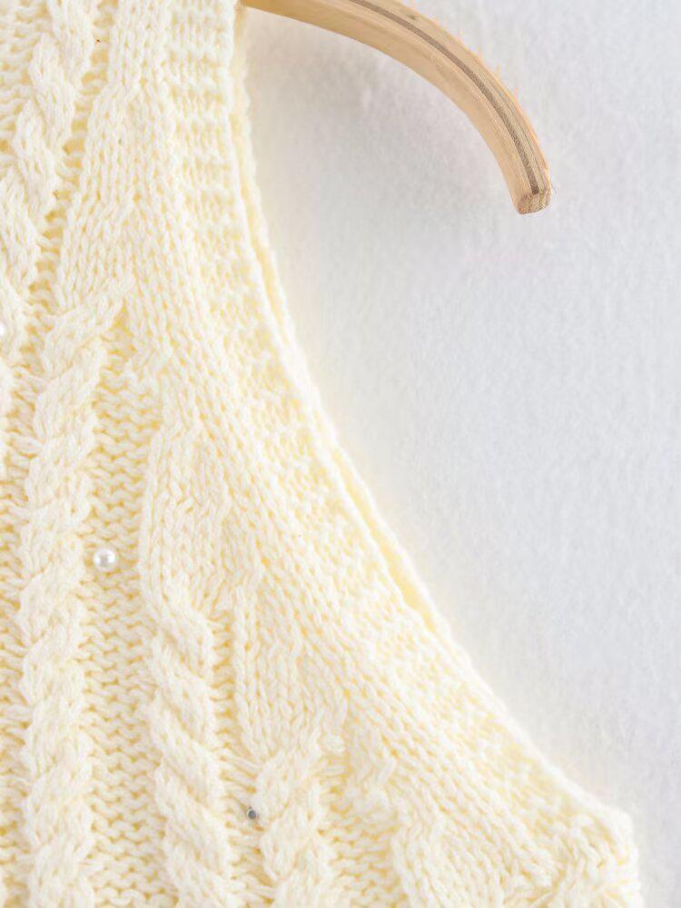 Spring 2025 Women's European & American Style Faux Pearl Round Neck Loose Knit Top