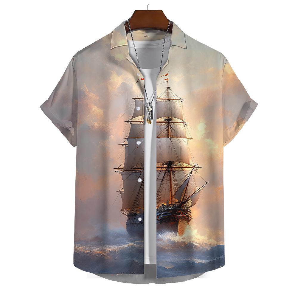 Summer Shirt For Men Lighthouse 3d Printed Men‘S Clothing Loose Oversized Shirt Beach Party Short Sleeved Tops Hawaii Sweatshirt