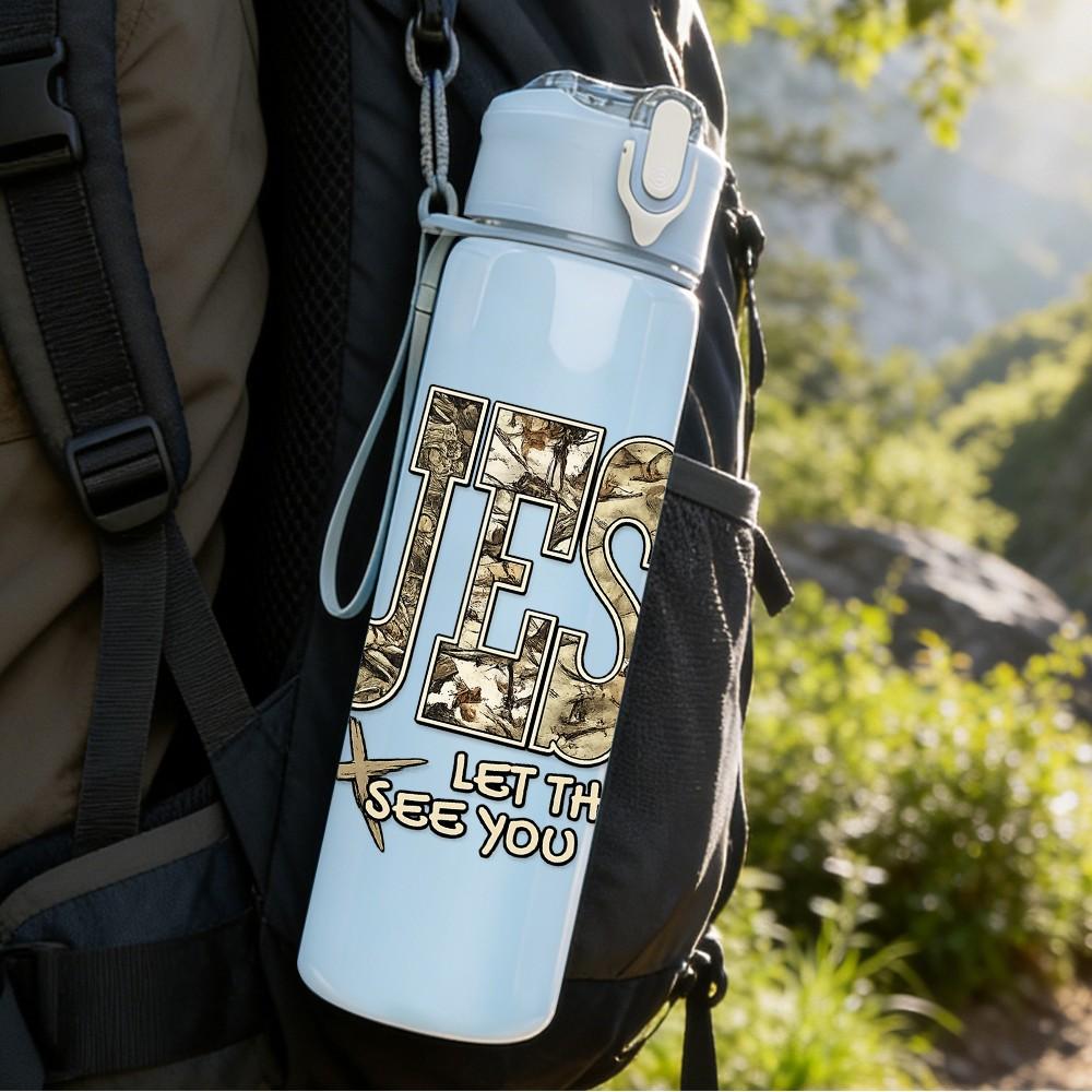 1PC JESUS Worn Retro Letter Badge Print 750ml Color Plastic Sports Water Bottle Leakproof Flip Straw Lid Suitable for Sports Office Home Use