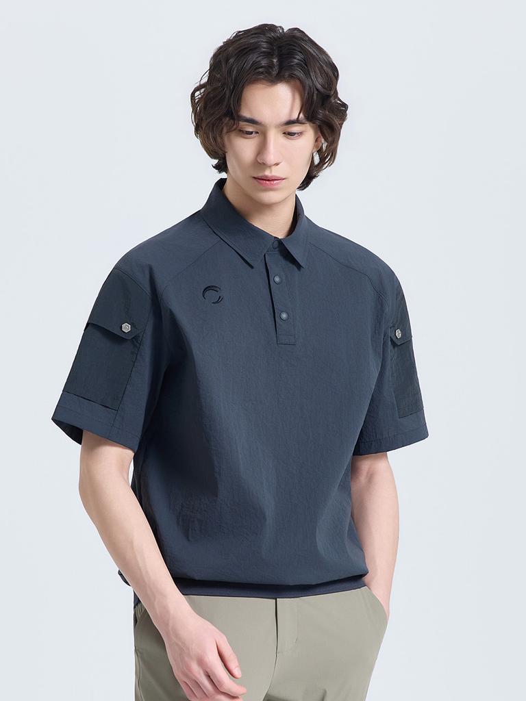 CHALLENGER Men'S Mono-Edge Hybrid Collared Short Sleeve Woven Top Dark Grey
