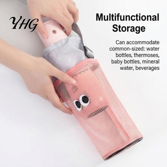 Kids Bottle Carrier for School Mesh Drawstring Crossbody Cup Holder, Adjustable Strap Breathable Water Travel Holder Hiking Bag, Cute Cartoon Pattern
