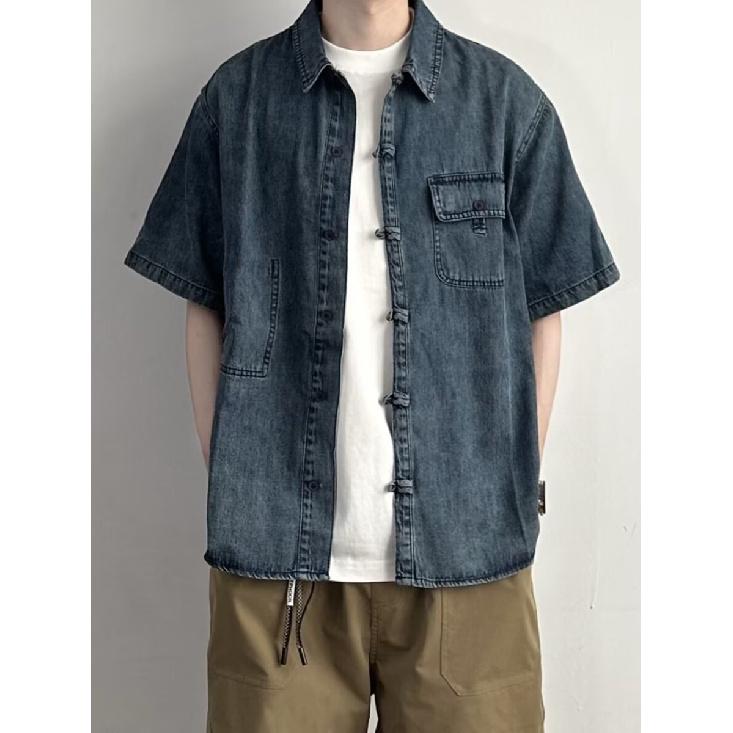 Летняя мужская новая стильная потертая джинсовая рубашка с короткими рукавами в стиле ретро, уличная модная рабочая одежда, рубашка в стиле милитари