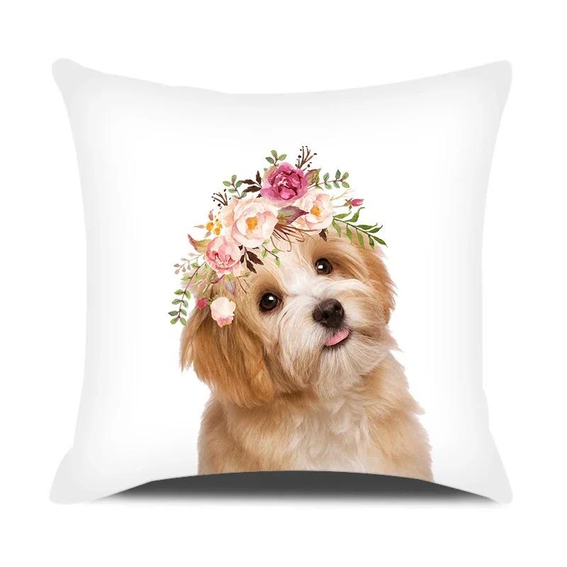 Adorable Pets With Flower Double-Sided Printed Pillow Cover Short Plush Suitable Living Rooms Bedrooms Sofas Throw Cushion Cover
