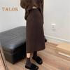 Women A-Line Skirt Elastic High Waist Solid Color Retro Slit Skirt Solid Autumn Winter Slimming Skirt
