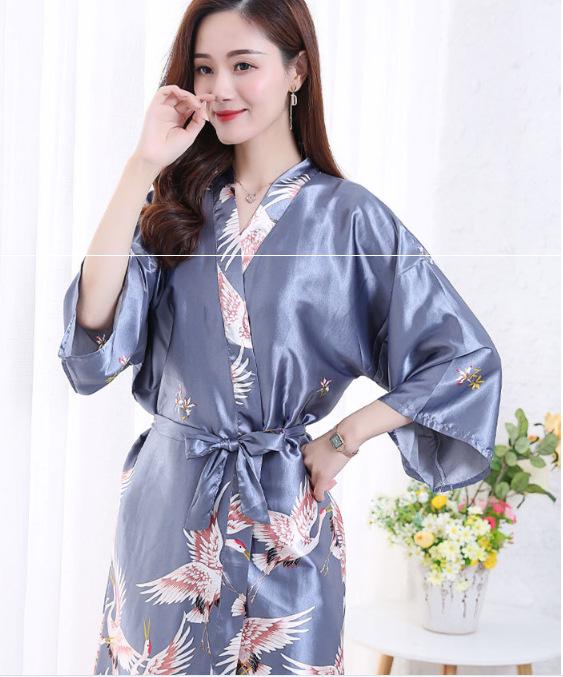 Очень большой шелковый халат-кимоно с принтом журавлей - Большой размер для невесты и домашней одежды