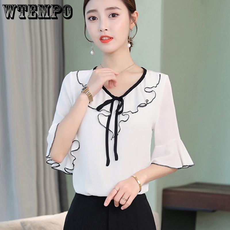 Plus Size Women's Short-sleeved Chiffon Shirt Women's Belly-covering Flared Sleeve Shirt Lotus Leaf Neckline Lotus Bow Knot Elegant Temperament