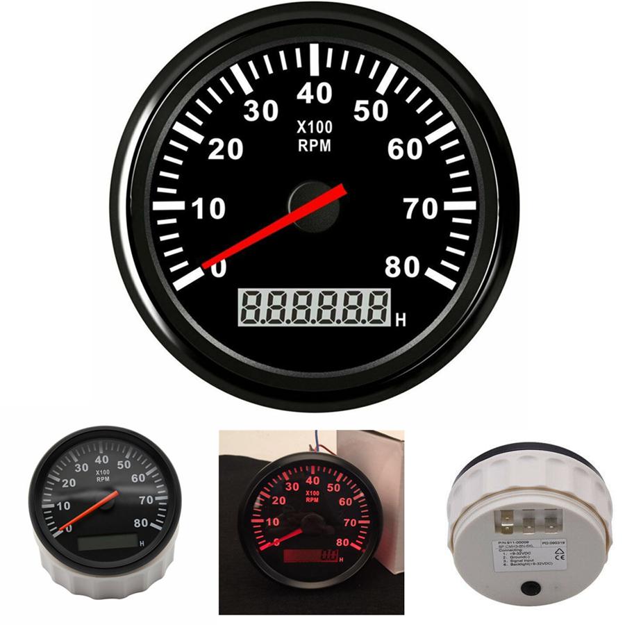 Waterproof 12/24V 85mm LCD Car Marine Tachometer Engine Tacho Gauge 0-8000 RPM