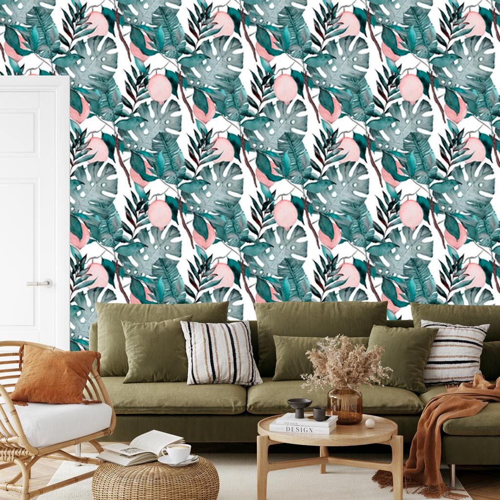 Wallpaper Leaves Fruits Watercolor for Living Room and Bedroom 50x1000