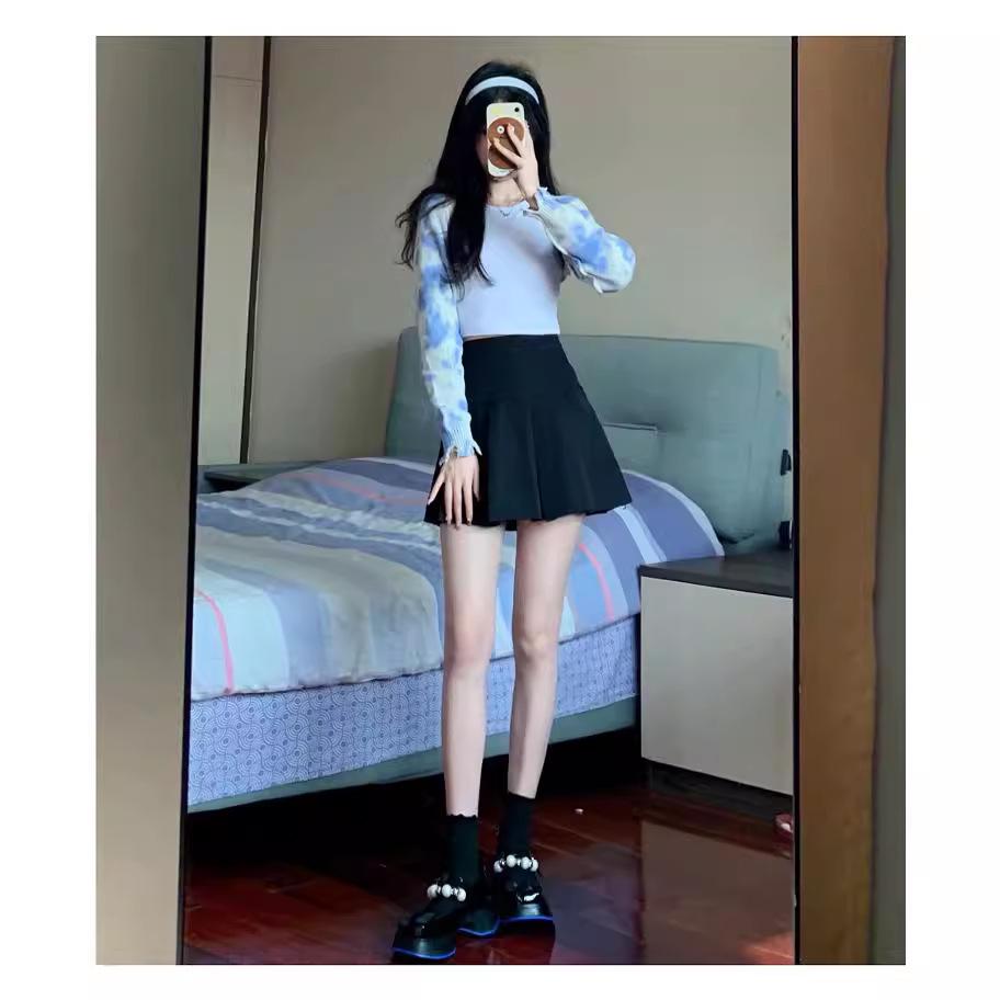 Весна Осень 2023 Женская Черная А-силуэта Пышная Юбка-зонт - Плиссированная Миди, Приталенная, Подчеркивающая талию, Модная Короткая Юбка для Высоких Фигур