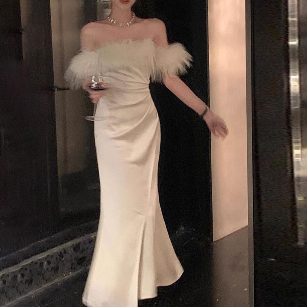 Women's One Shoulder Dress Faux Feather Two-tone Satin Maxi Dress