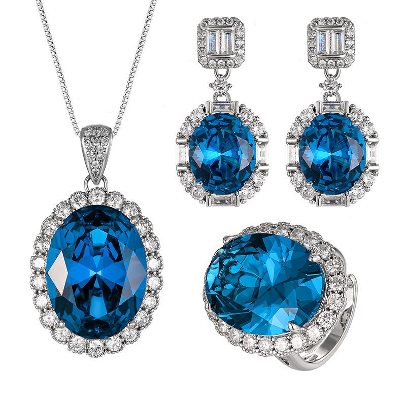 Luxury Blue Oval Cut Cubic Zirconia Jewelry Adjustable Ring Sparkling Necklace Earring for Women Statement Party Wedding Jewelry