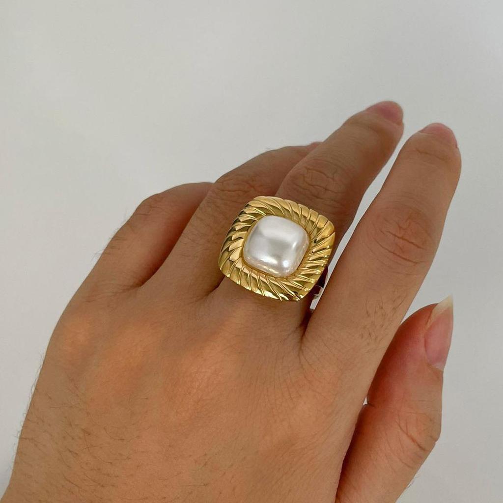 Европейский и американский стиль, кольцо из нержавеющей стали с квадратной текстурой и искусственным жемчугом