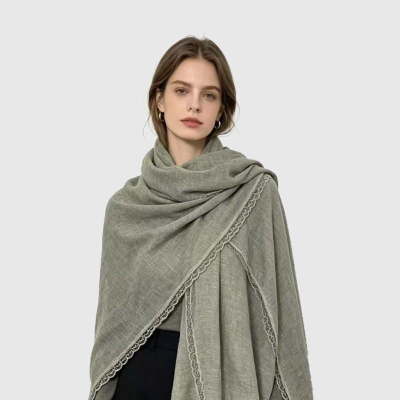 Lightweight Cotton Linen Blend Scarf With Lace Trim Breathable Shawl Versatile Wrap In Solid Colors