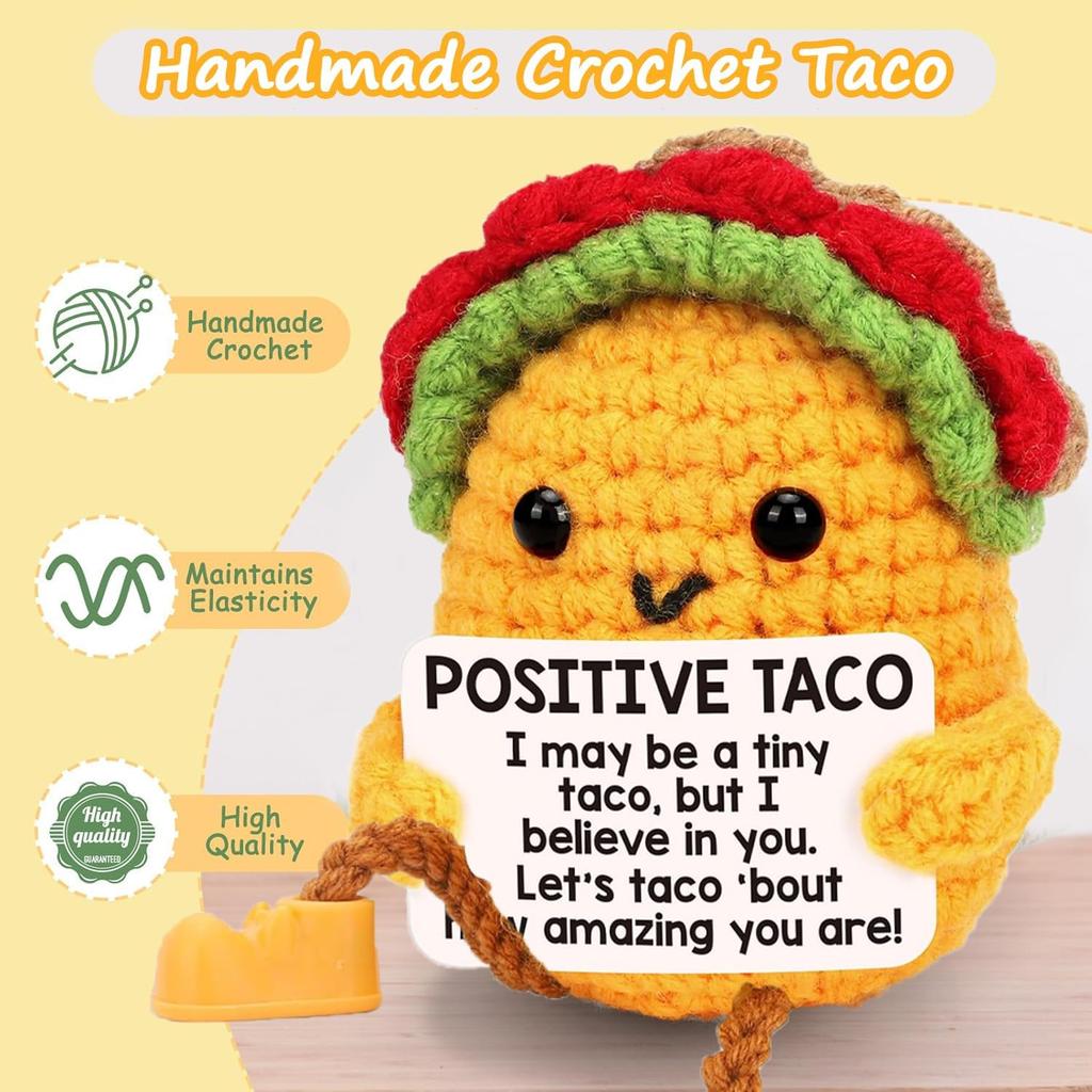 Crochet Inspirational Positive Support Taco Doll With Crad Home Room Decoration Funny Handmade Knitted Taco Desktop Ornament