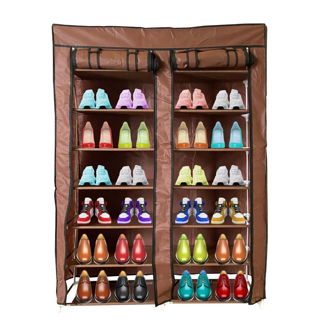 Shoe Cabinet Fabric Shoe Rack with 2 Zippered Doors Nyana Home 125x92x28.5cm 28 Pairs