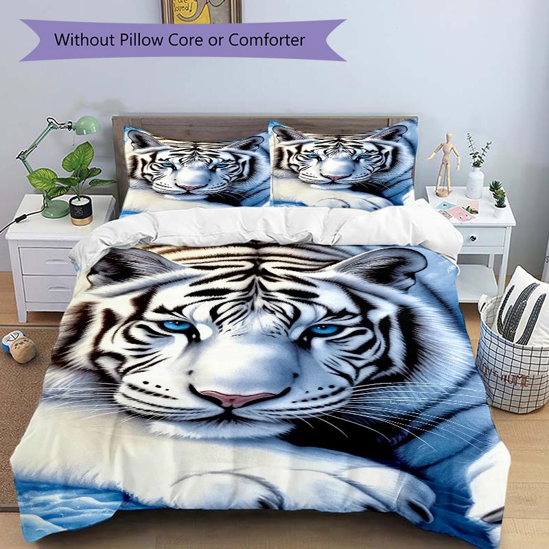 3Pcs White Tiger Majesty Bedding Set Quilt Cover Pillowcase Home Christmas Xmas Halloween Gift 1 Duvet Cover 2 Pillowcase M928822