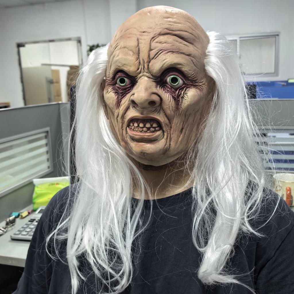 Realistic Rubber Full Head Old Man Mask with White Hair Funny Horror Minion Party Accessory for Adults