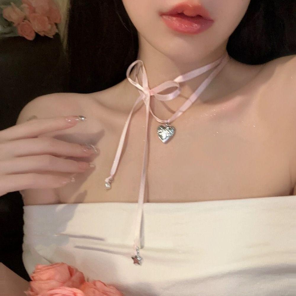 Жемчужная подвеска-сердце, цепочка на ключицу, корейский стиль, чокер Y2K, ожерелье с лентой в стиле балеткор, студенческий