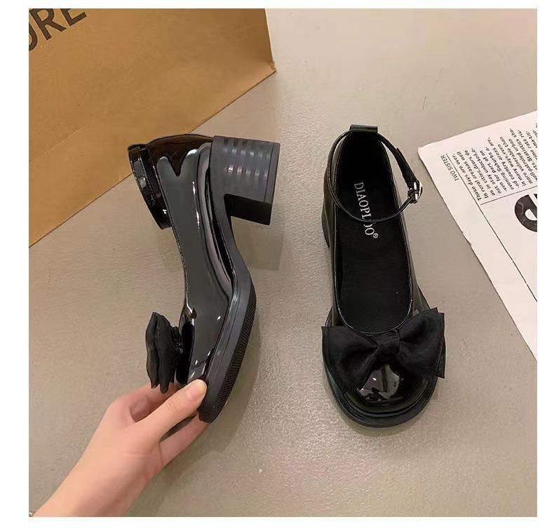 Женские туфли на высоком каблуке с круглым носком и пряжкой в ​​британском стиле, милый бант