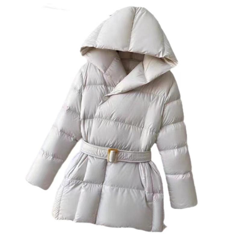 Winter Hooded Women's Down Jackets Warm Casual Coat Puffer Jacket Belt Elegant Parka Overcoat