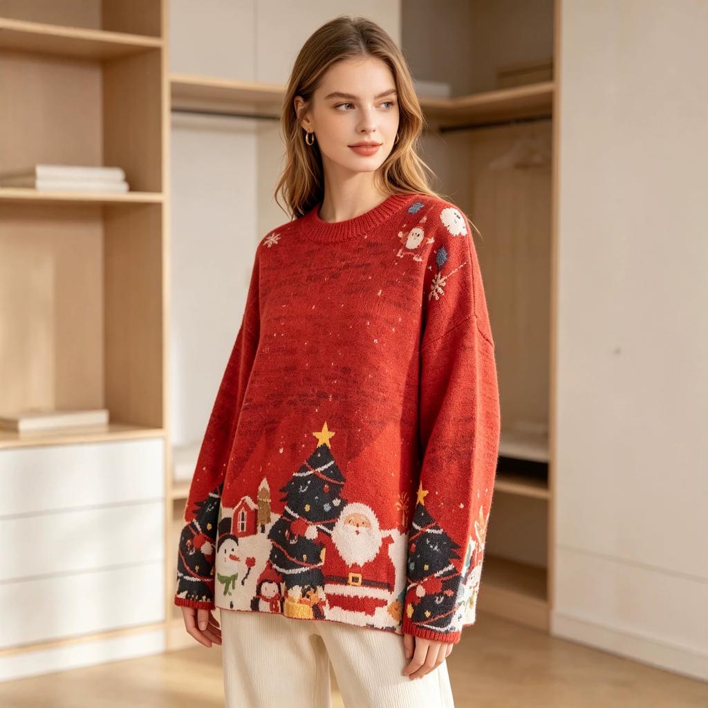 Christmas sweater 3D pattern printed women's sweater pullover, casual loose long-sleeve knit crew neck top