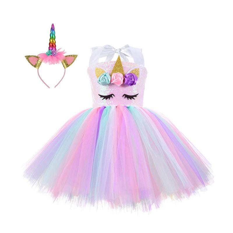 Unicorn Cosplay Girls Dress With Rainbow Pattern For Halloween Party