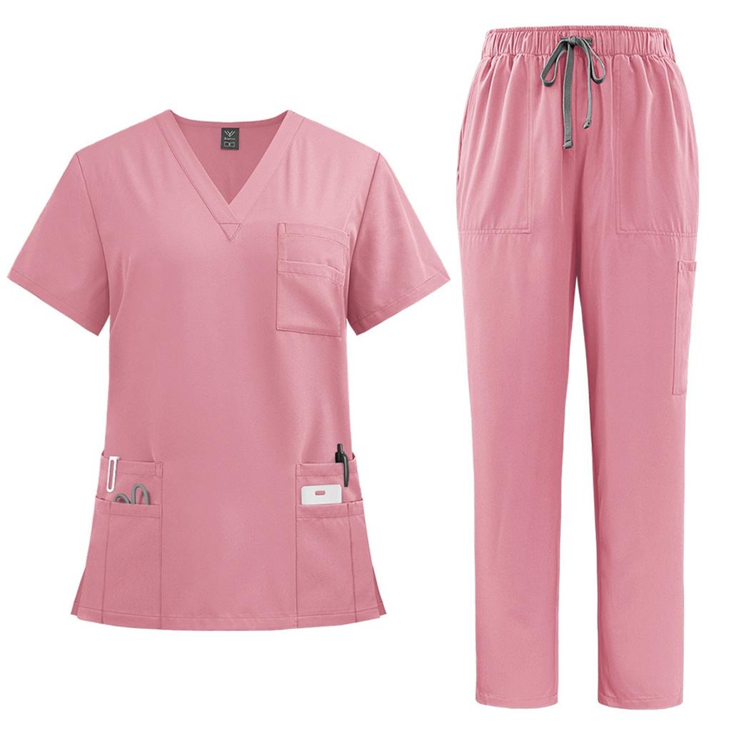 Women's Quick Drying Fabric Solid Color V-neck Pocket Short Sleeved Pants Set Workwear