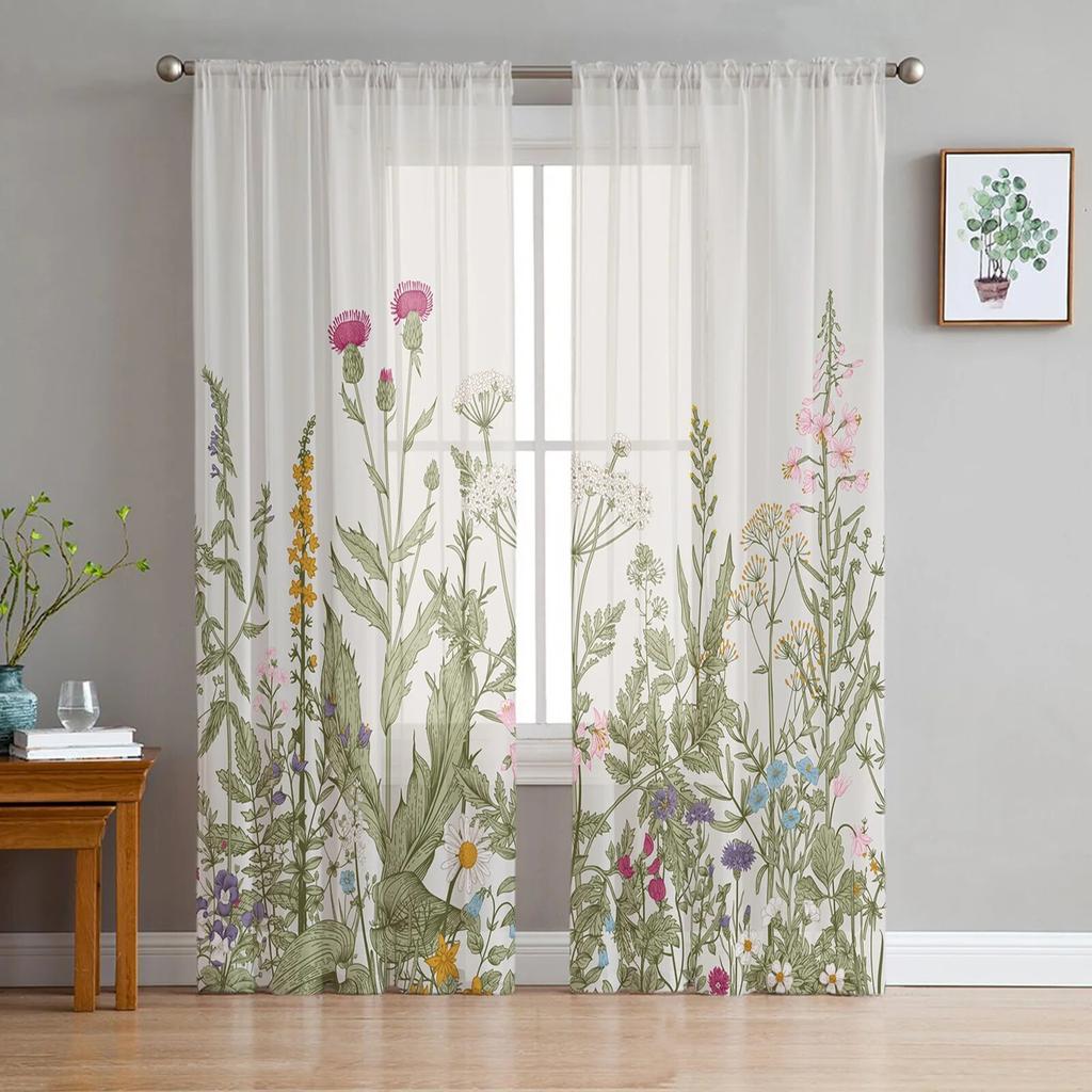 Red Flowers Planks Leaves Plant Tulle Sheer Curtains for Living Room Decoration Window Curtain for Bedroom Voile Organza Drapes