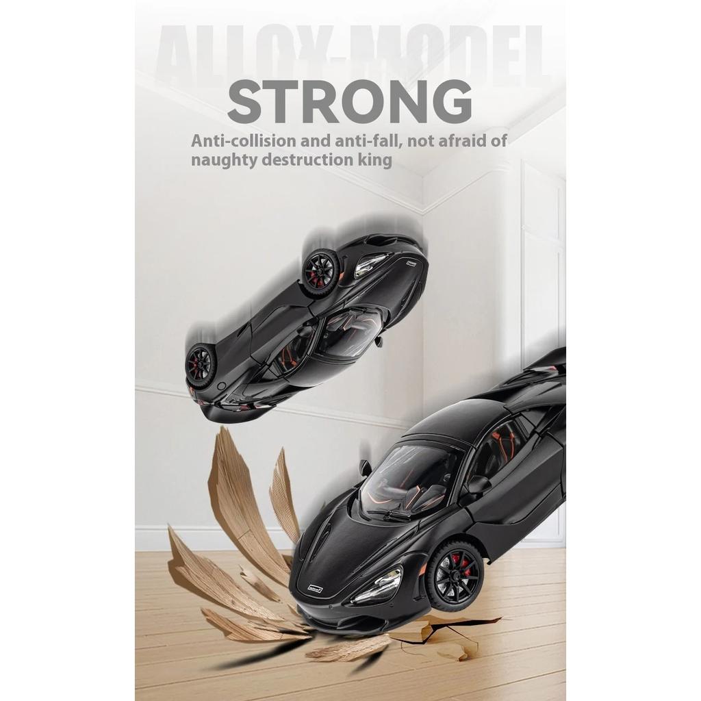 Модель спортивного автомобиля McLaren 720S Alloy Sport Car 1/24 с четырьмя колесами и функцией амортизации, подойдет в качестве подарка на праздник для детей