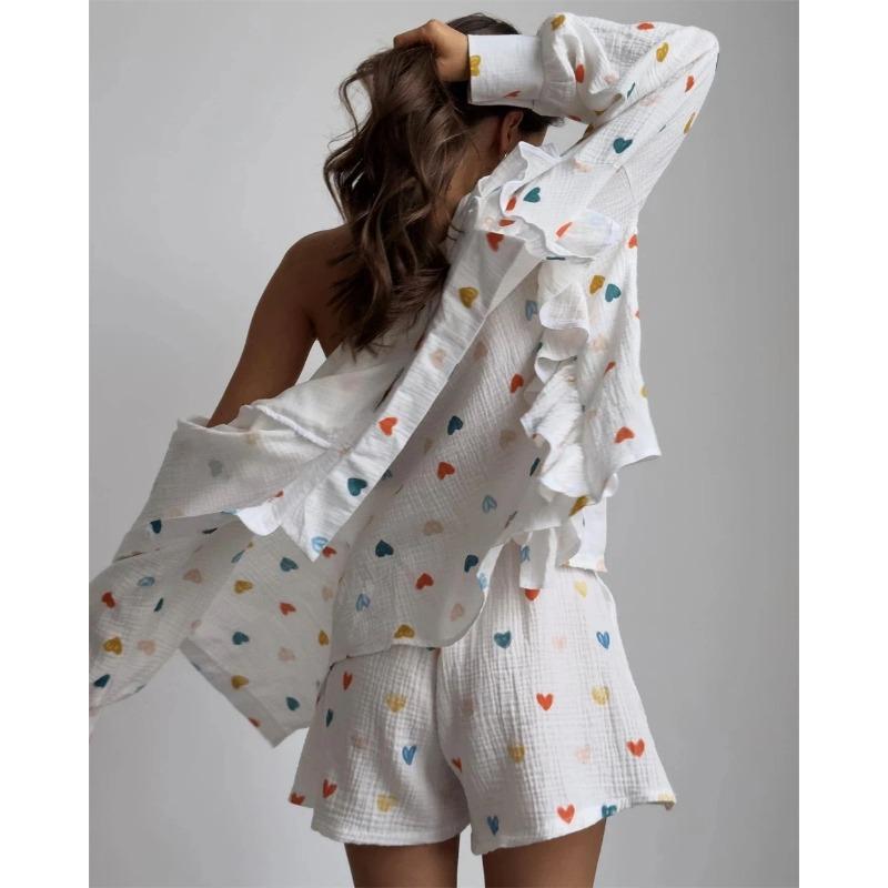 Хлопковый пижамный комплект с принтом в виде сердца для женщин, блузка с длинным рукавом, комплект с шортами, повседневная свободная рубашка, женский короткий комплект из 2 предметов для дома