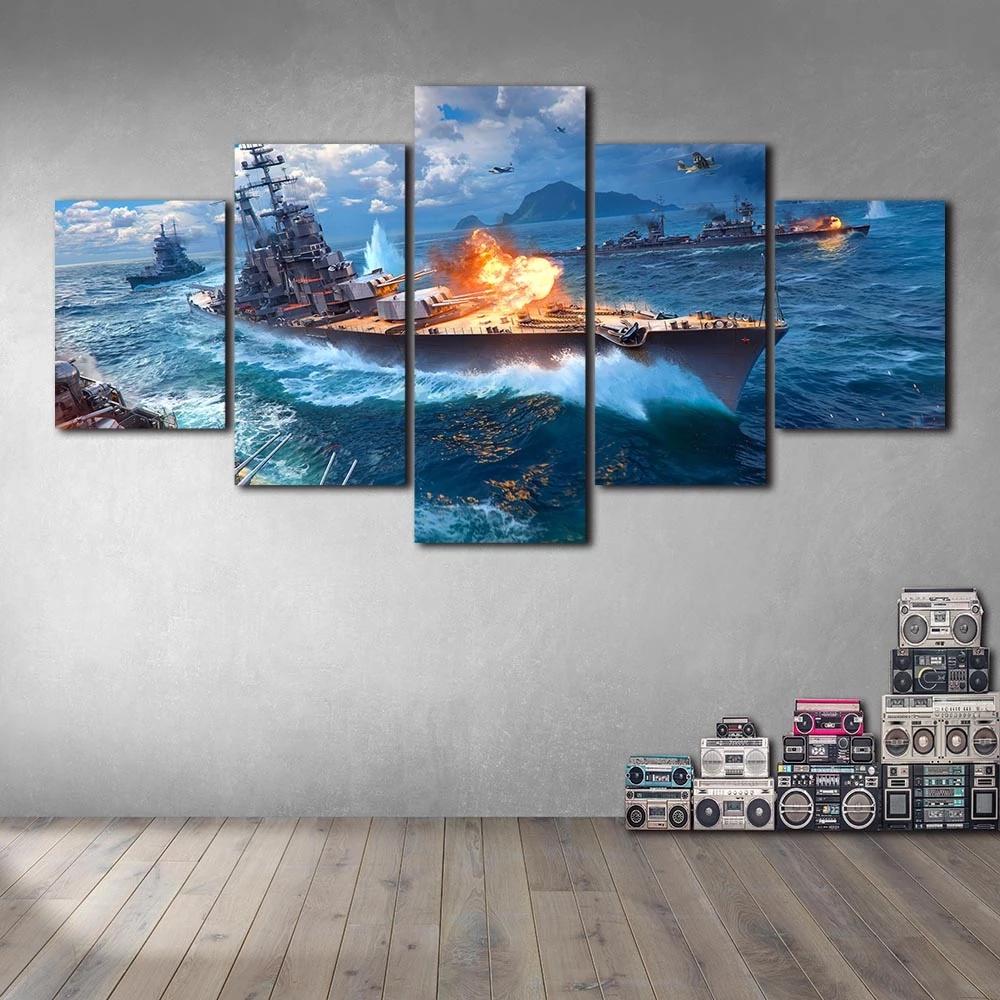 Печать HD Картины с видом на море Модульная 5 шт. Постер World of Warships Холст Картина Гостиная Домашний Декор Без Рамы Настенное Искусство