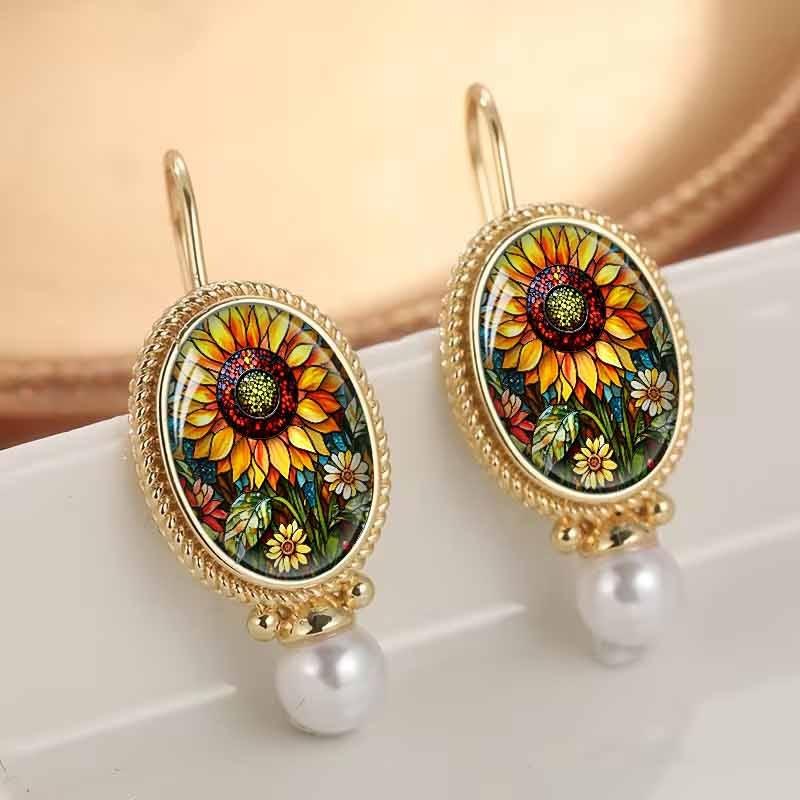 European Style Colorful Window Sunflower Print Retro Forest Style Earrings