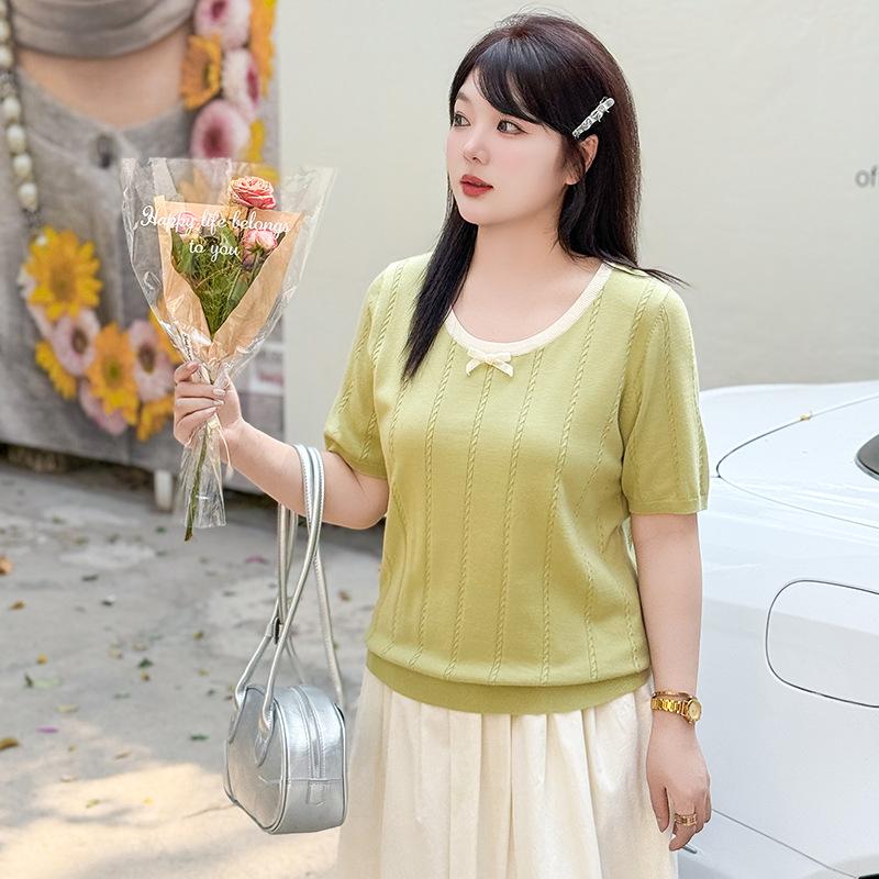 Плюс Размер Женский Летний Круглый Вырез Дизайн Feel Color Трикотажный Свободный Короткий Рукав Топ