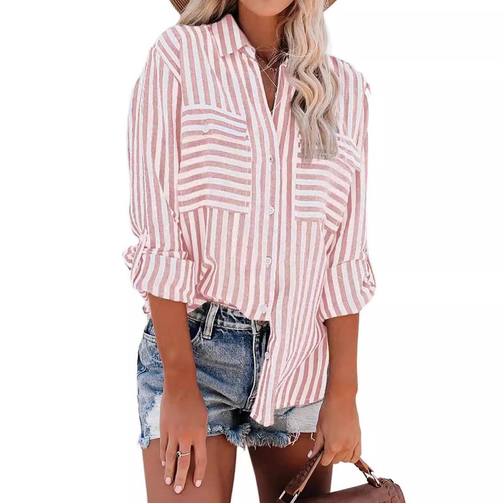 2024 Spring/Summer Women's Striped Cotton-Polyester Long-Sleeve Shirt