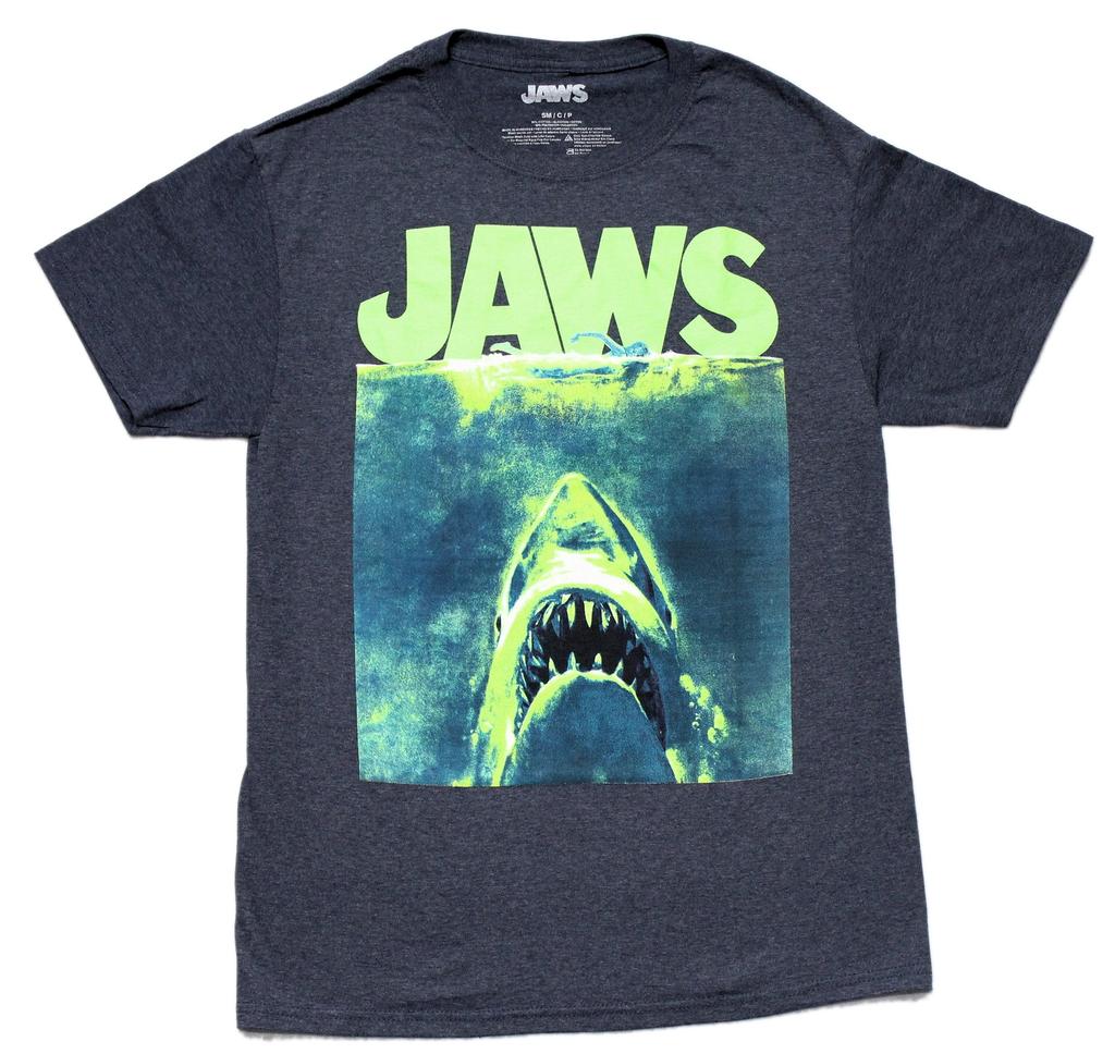 Jaws Neon Green Movie Poster New Adult T-Shirt - Swimmer & Jaws Under Name