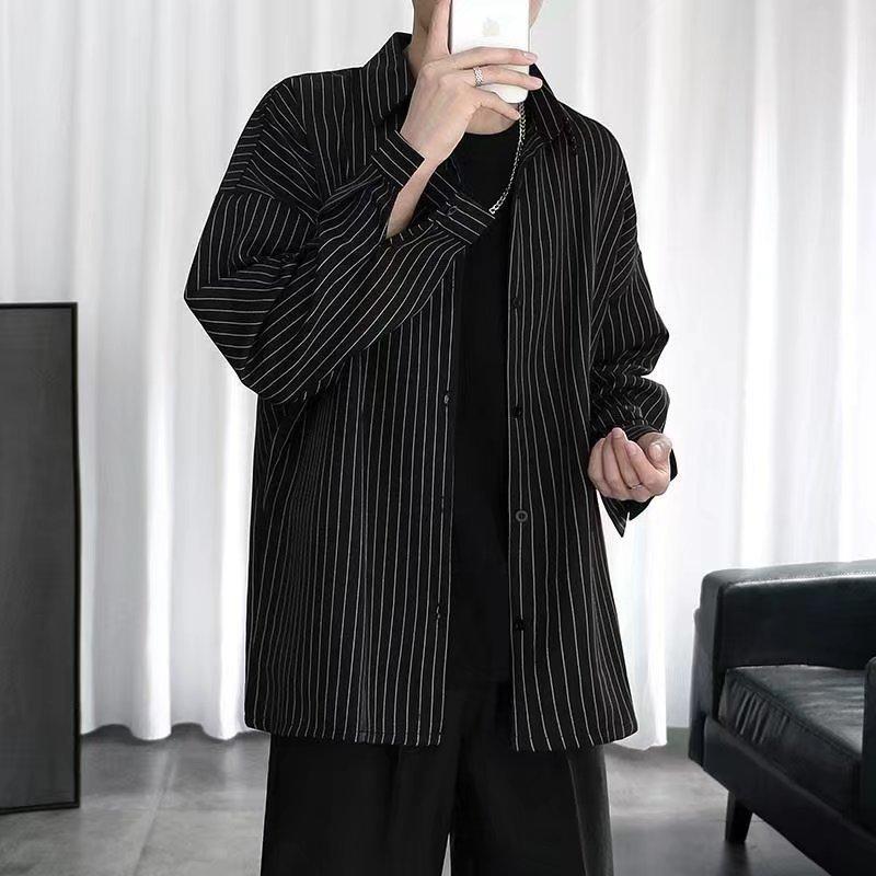 Мужская весенне-осенняя повседневная полосатая рубашка, молодежная модель с лацканами, удобный топ