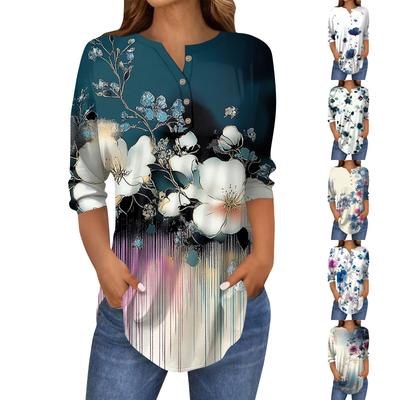 Женская мода свободный воротник на пуговицах с принтом рукав 3/43/4 футболка топы пуловер