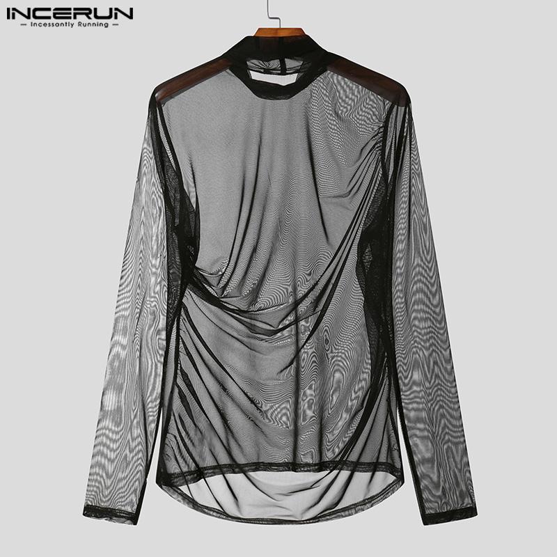 INCERUN Мужские сетчатые футболки с высоким воротом и длинным рукавом