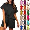 Ladies Casual Fashion Sexy Round Neck Short Sleeve Textured Fabric Shorts Set