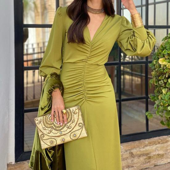 Женское вечернее платье бодикон с драпировкой, повседневное платье макси с длинным рукавом и V-образным вырезом для выпускного вечера, коктейльной вечеринки, формальное платье-русалка