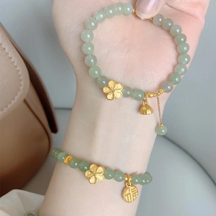 Peach Blossom Beaded Bracelet with Handmade Beads and Hetian Jade Fortune Charm, Chinese Style Niche Design, New Model for Women