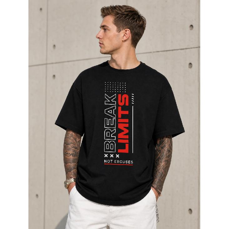 Men's Black Graphic Tee with 'Break Limits Not Excuses' Print, Crew Neck Short Sleeve Cotton T-Shirt for Gym Streetwear Casual Wear