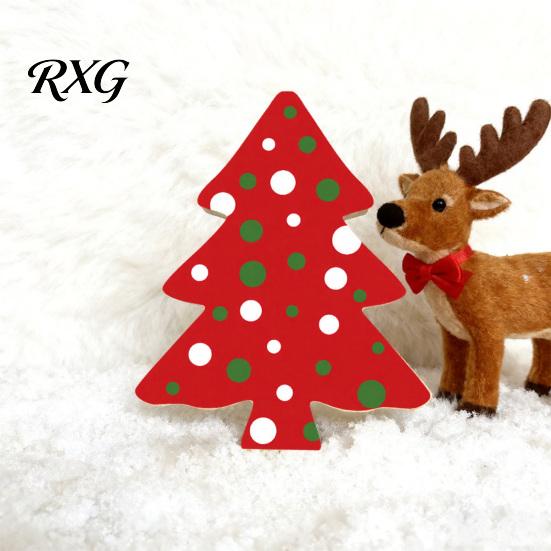 Waterproof Christmas Tree Ornaments Wooden Tabletop Decor, Plaid Polka Dots Xmas Wood Signs, Red Grid Pattern Decor Black Green Desktop Centerpieces