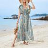 Summer Floral Print V-neck Ruffled Short Sleeve Dress Women Casual A-Line High Waist Backless Slit Ankle-Length Spring Dress