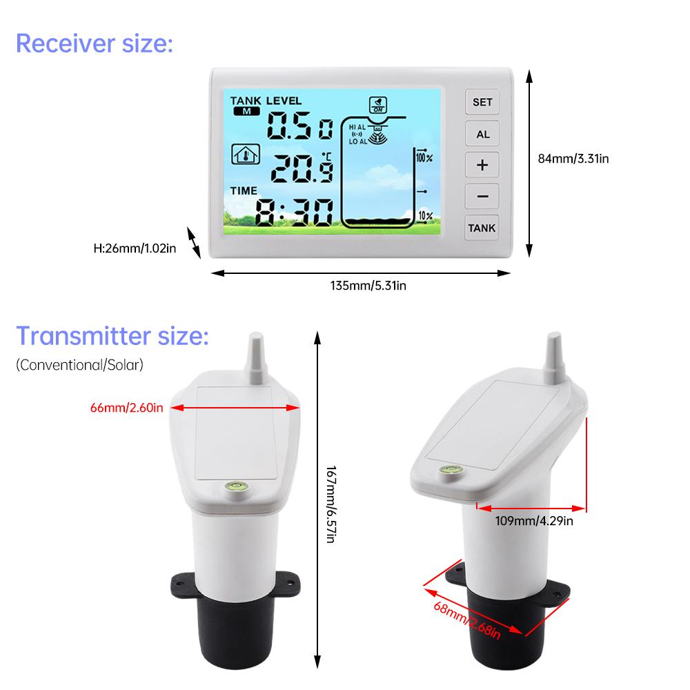 Ultrasonic Level Guage Wireless LCD Display Indoor Water Tank Liquid Level Meter Temperature Height Monitor Alarm Clock Sensor