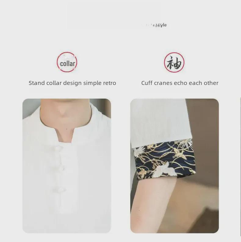 Мужская футболка с коротким рукавом из хлопка и льна с вышивкой «Китайский журавль»