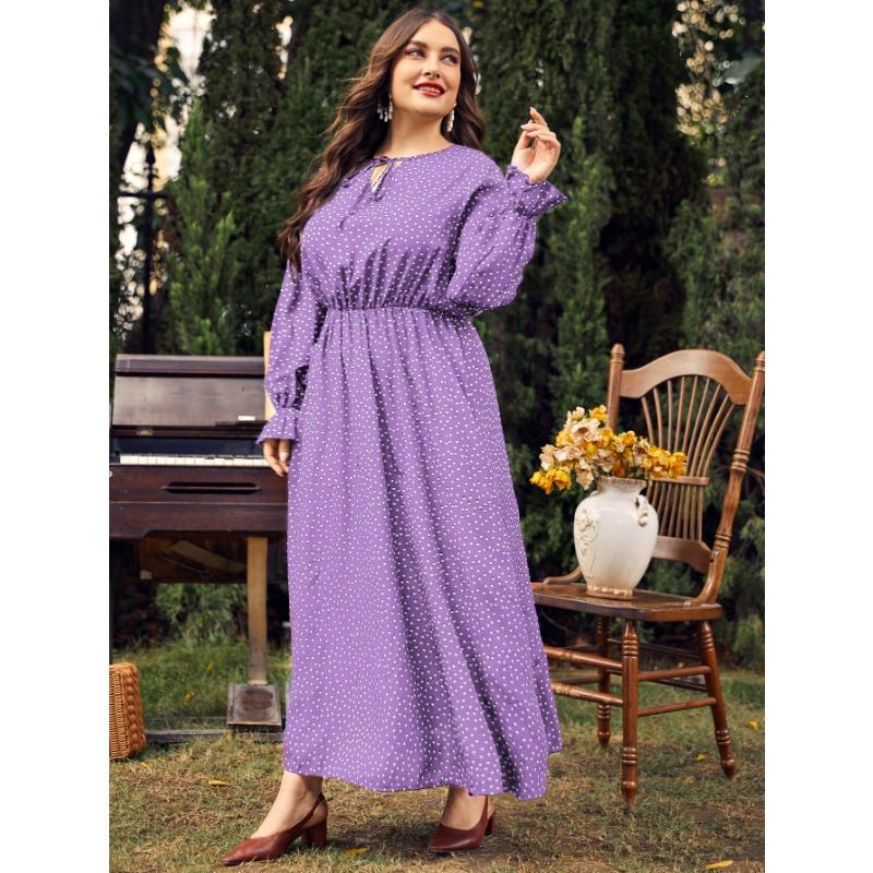 Платье макси в горошек большого размера с длинными рукавами и завязкой на вырезе для весны и осени